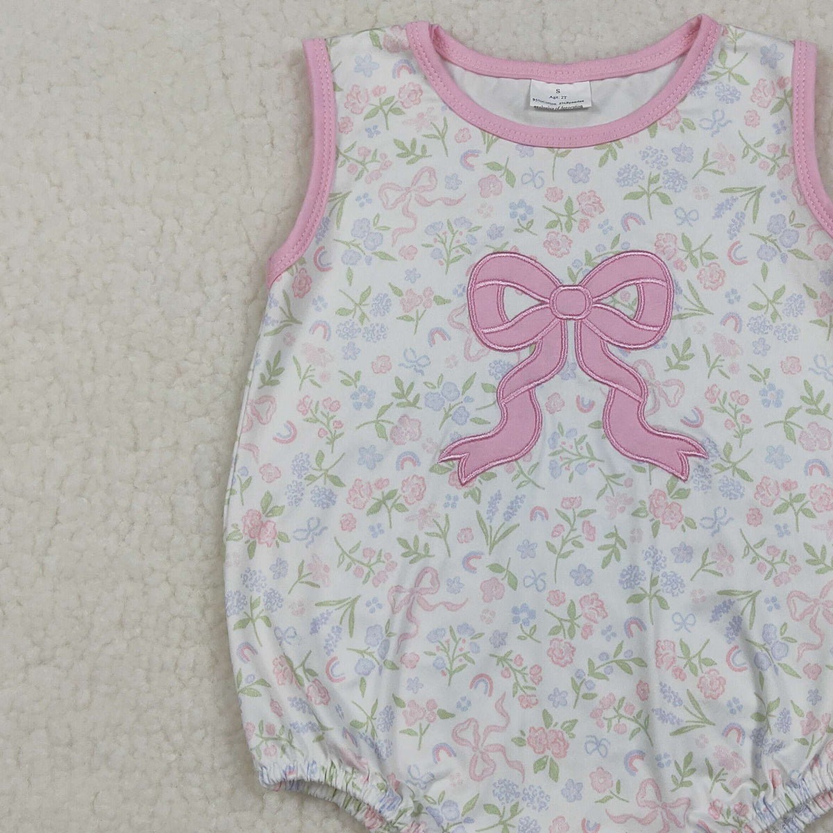 3.30 RTS NO MOQ （In stock）SR3727 Sleeveless pink bow embroidery floral baby girl romper