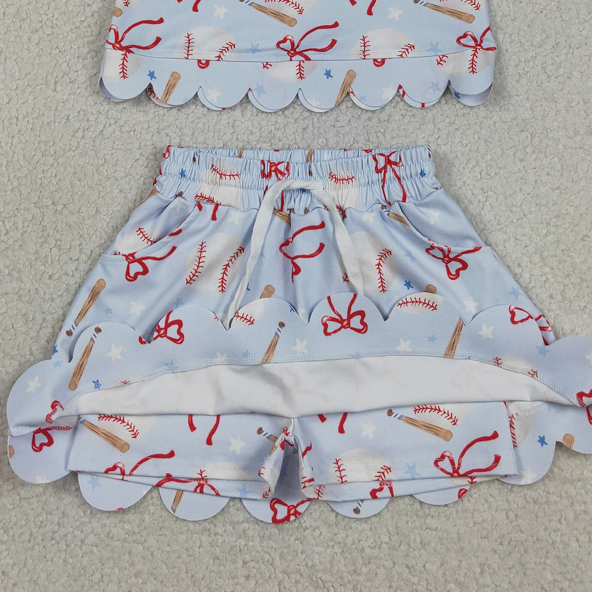GSD3656 RTS NO MOQ （In stock ）Short sleeves baseball bow scallop top skirt girls active outfit