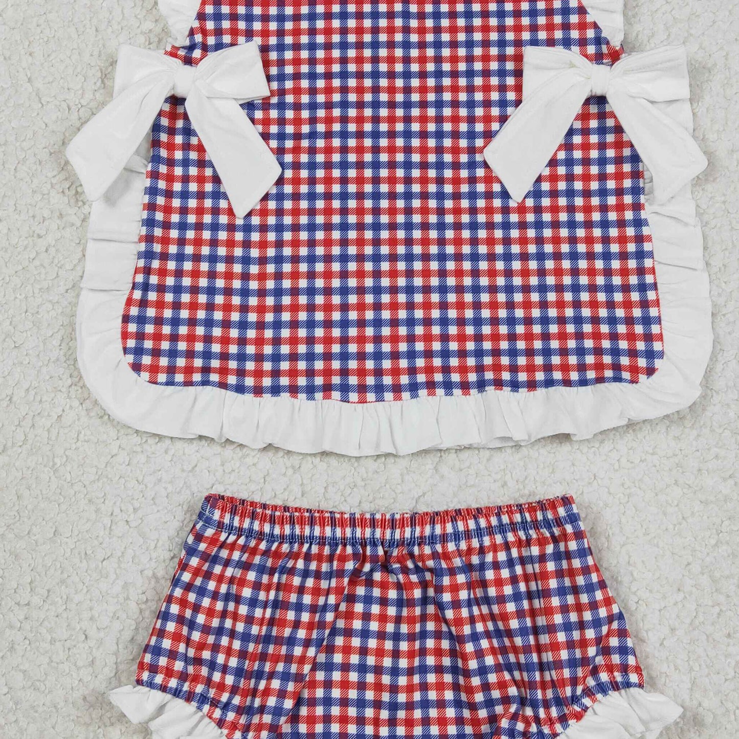 GBO0527 RTS NO MOQ （In stock）Ruffle red blue plaid baby girls 4th of july bummies set