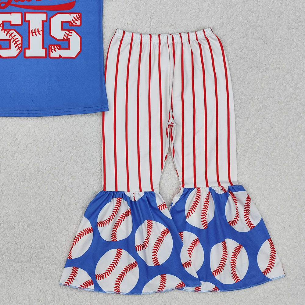 GSPO1994RTS NO MOQ Baby Girls Spring Outfits  Arrived it Blue baseball sister top stripe pants kids girls clothes