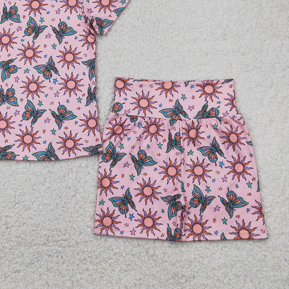 4.12 GSSO2437RTS NO MOQ Baby Girls Summer Outfits  Pink butterfly sun baby kids summer clothes