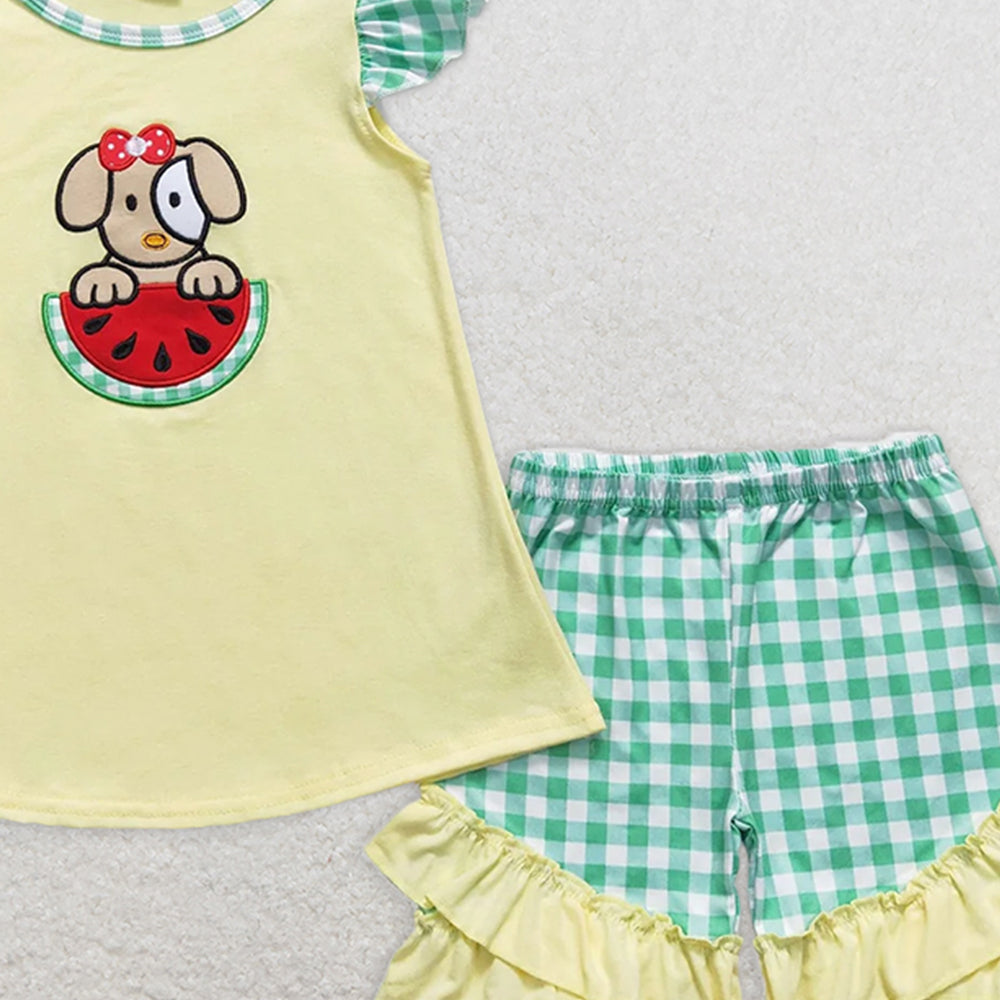 GSSO0483RTS NO MOQ Baby Girls Summer Outfits Dog watermelon top plaid shorts girls summer clothes