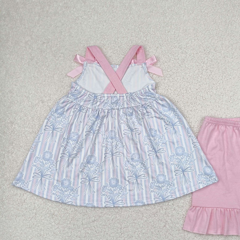 4.08 GSSO2429 RTS NO MOQ   Baby Girls Summer Outfits Pink Strap Floral Stripe Tunic Ruffle Short Set