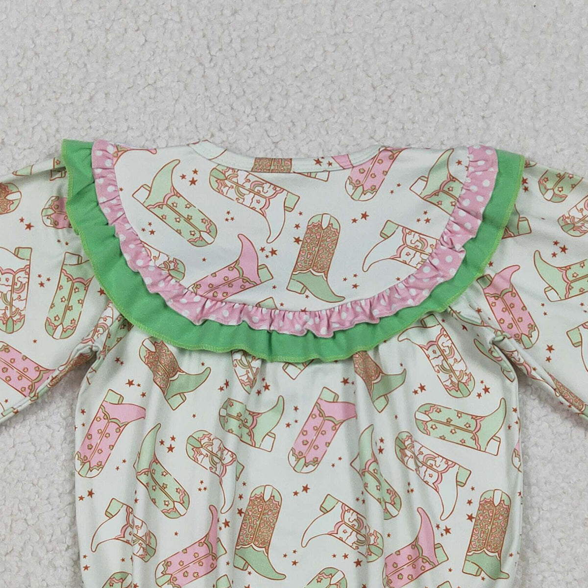 12.23 RTS NO MOQ （In stock）LR2840 Baby Girls Winter Rompers Embroidery Howdy Go Lucky Baby Girls Boots Stars Western Ruffle Rompers