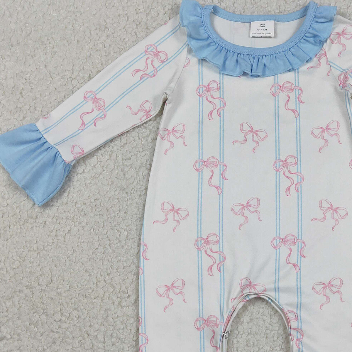 12.29 RTS NO MOQ （In stock）LR2845 Baby Girls Winter Rompers Baby Girls Pink Bows Stripe Collar Ruffle Foodie Rompers