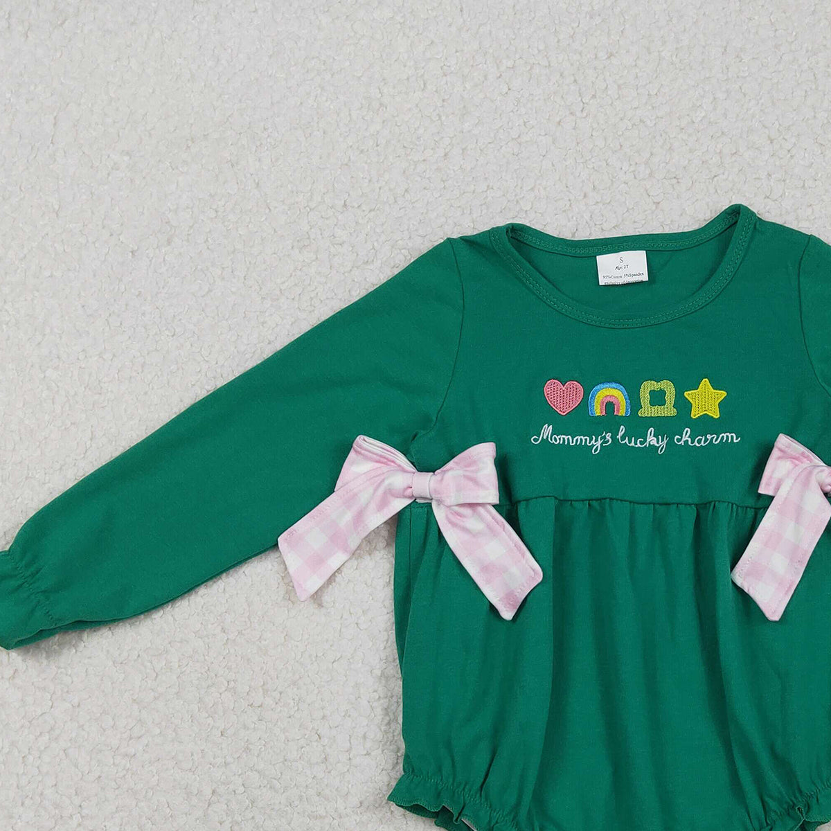 12.17 RTS NO MOQ （In stock）LR2839 Baby Girls Winter Rompers Embroidery Clovers Baby Girls Green Long Sleeve St Patrick Bows Ruffle Rompers