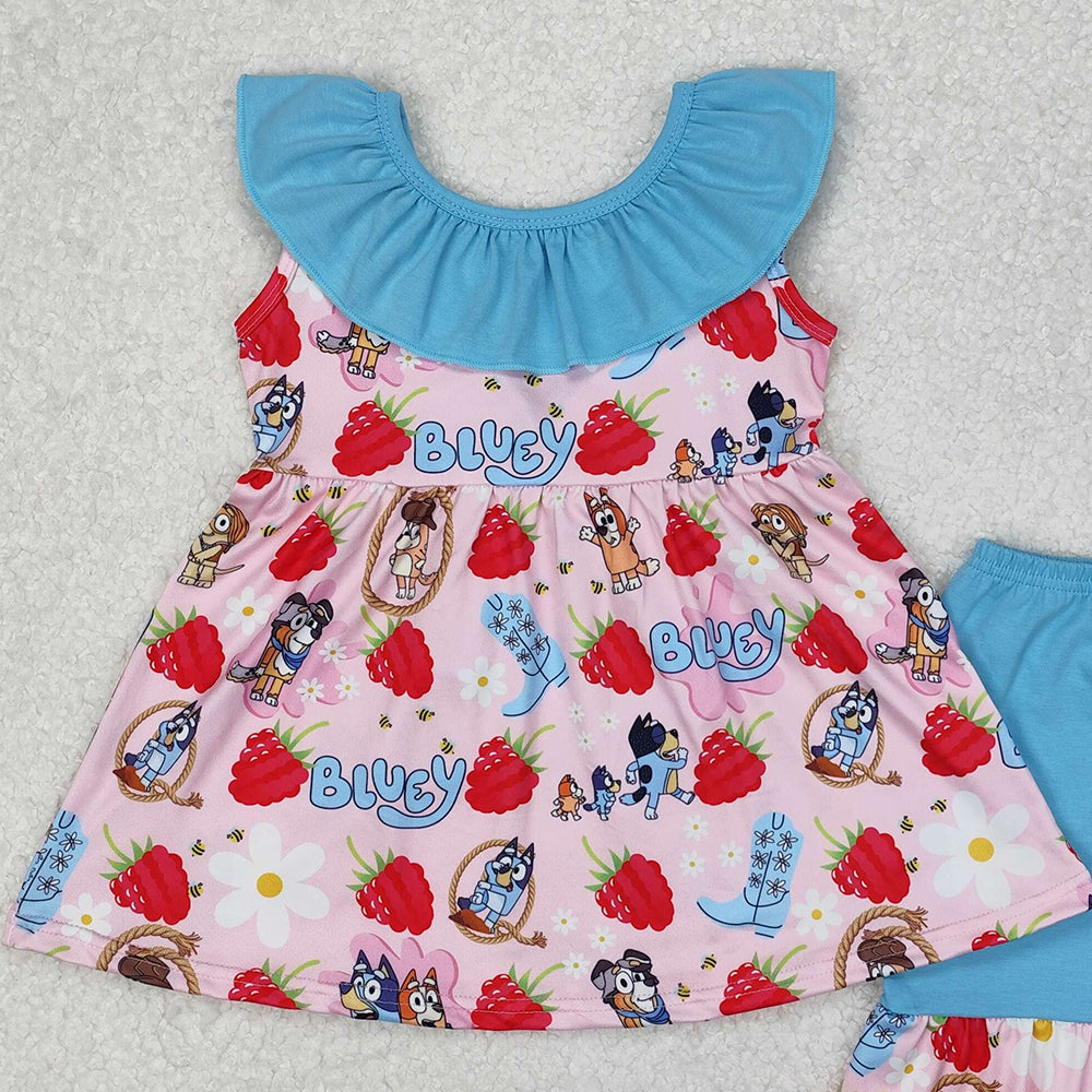 GSSO1904Girls Strawberry Dog Floral Ruffle Tunic Short Set Cute Animal Print Outfit for Kids