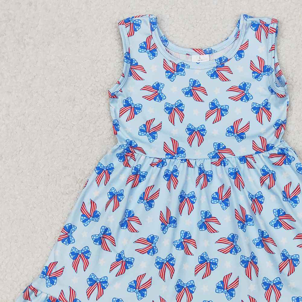 GSD1965 New Rts No Moq 8-9 Days By Air Arrived it Sleeveless blue stars stripe bows baby girls 4th of july dress