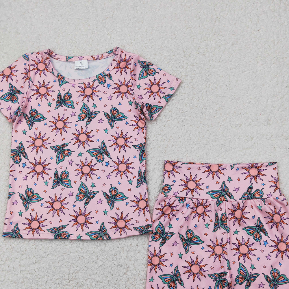 4.12 GSSO2437RTS NO MOQ Baby Girls Summer Outfits  Pink butterfly sun baby kids summer clothes