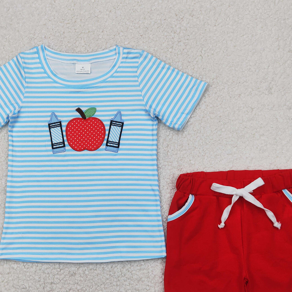 BSSO1328 RTS NO MOQ Baby Boys Summer Boys Outfits Stripe apple crayon top shorts boys back to school clothes