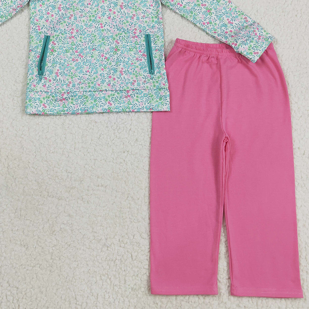 RTS NO MOQ （In stock）GLP2414 Baby Girls Winter Outfits Baby Girls Long Sleeves Green Floral Pockets Zipper Top Pink Pants Sets