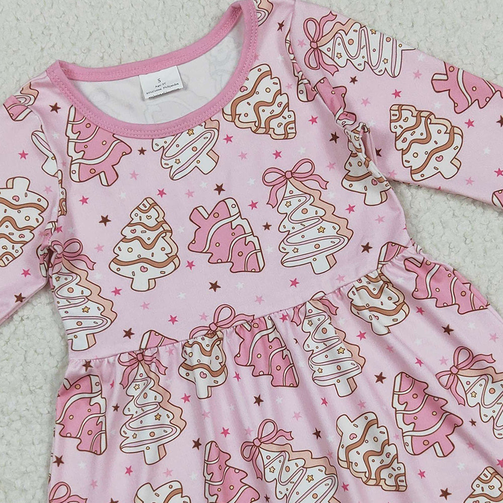 RTS NO MOQ （In stock）GLD1124Baby Girls Winter Dress Baby Girls Christmas Tree Cake Pink Long Sleeve Dress