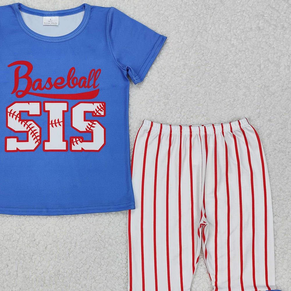 GSPO1994RTS NO MOQ Baby Girls Spring Outfits  Arrived it Blue baseball sister top stripe pants kids girls clothes