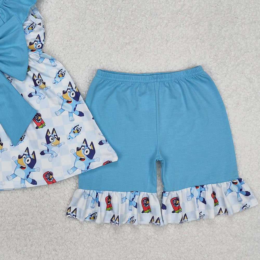 GSSO1886Blue Plaid Dog Tunic Sleeveless Ruffle Shorts Set Girls Outfit Casual Clothing Set for Kids