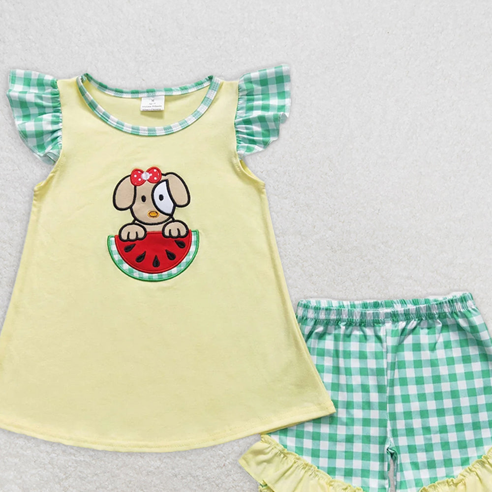 GSSO0483RTS NO MOQ Baby Girls Summer Outfits Dog watermelon top plaid shorts girls summer clothes