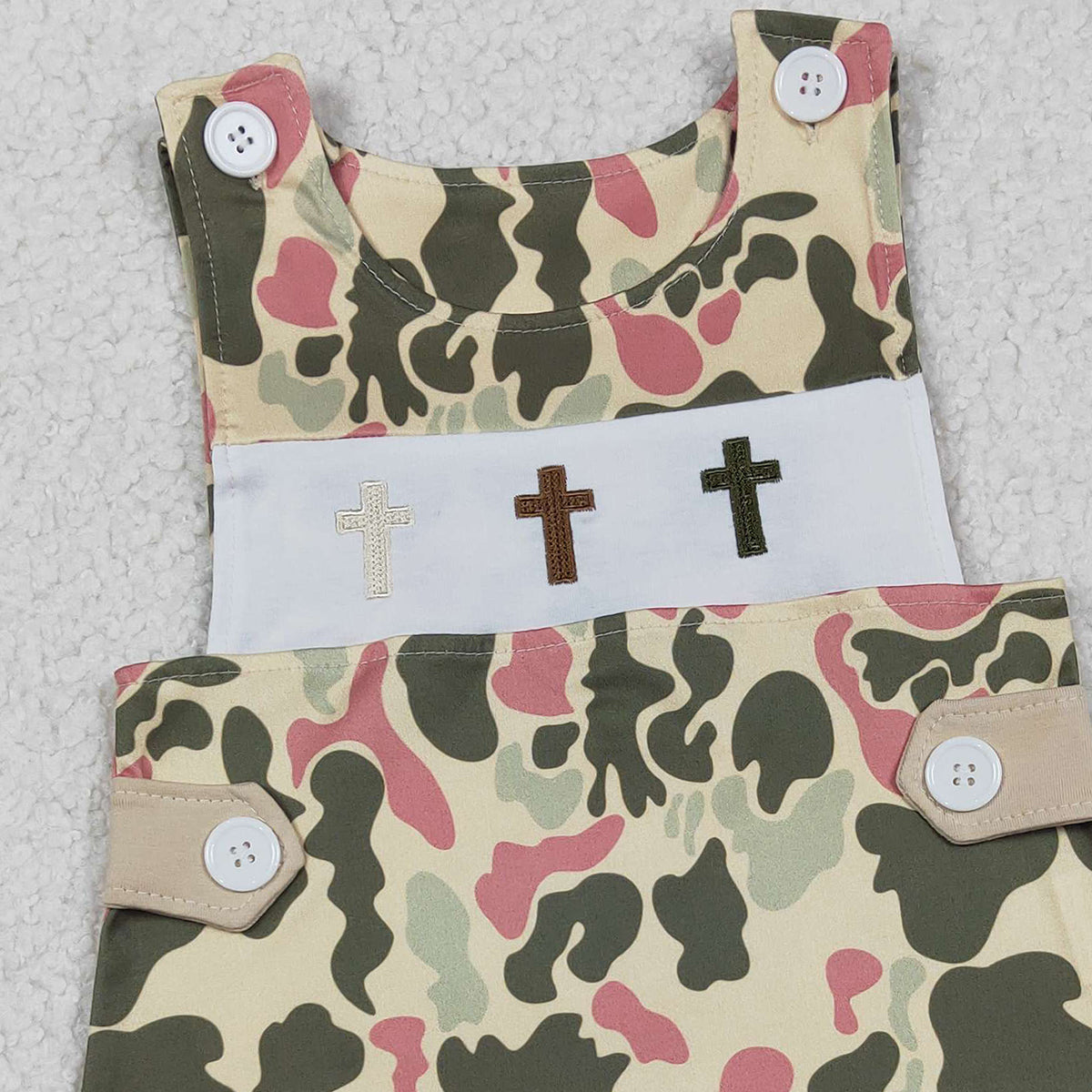 12.16 RTS NO MOQ （In stock）SR3290 Baby Boys Rompers Embroidery Crosses Baby Boys Camo Easter Shorts Rompers
