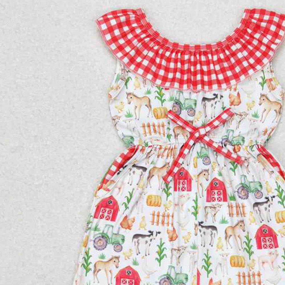 4.22 SR1301 RTS NO MOQ Plaid pig horse chicken pockets baby girls farm jumpsuit