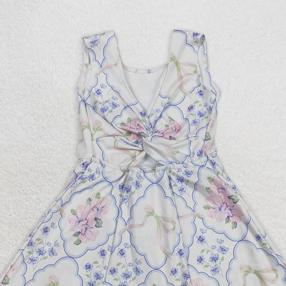 GSD1864RTS NO MOQ Baby Girls Summer Yoga Dress Charming Sleeveless Athletic Dresses for Baby Girls in Light Blue Pink Floral with Bow