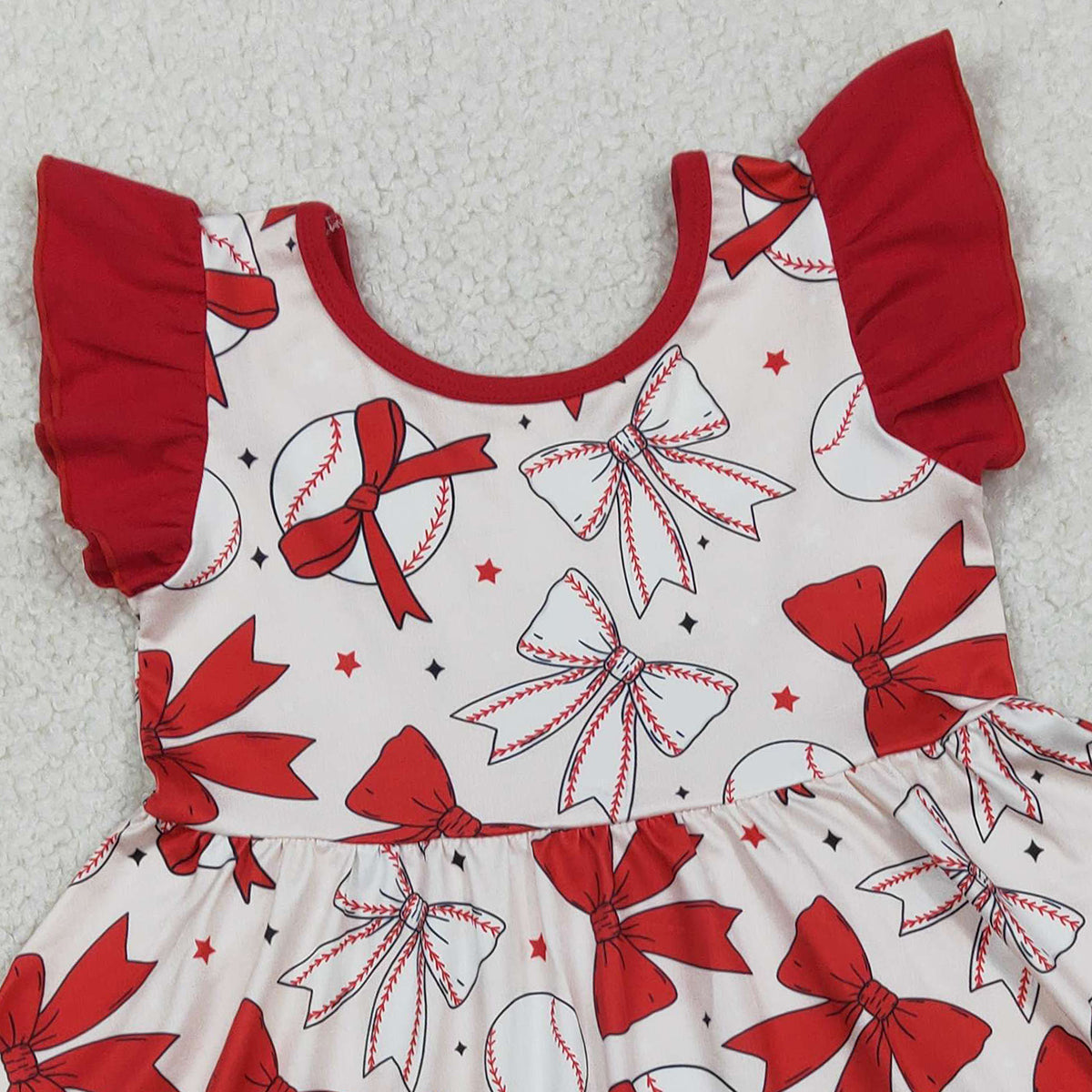 2.4 RTS NO MOQ （In stock）GSD3456 Baby Girls Flutter Sleeve Baseballs Bows Team Knee Length Dresses