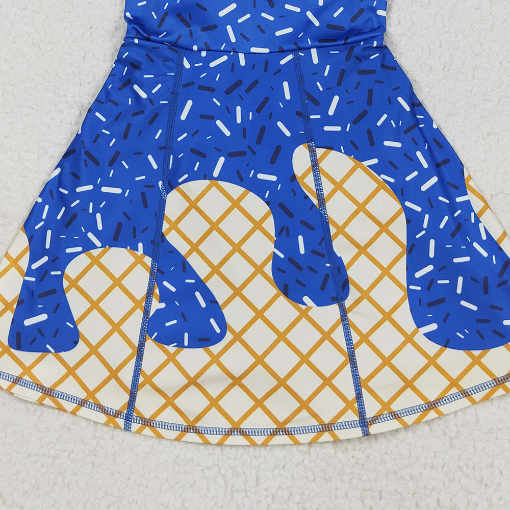 RTS NO MOQ （In stock）GSD2751 Baby Girls Summer Yoga Dress Baby Girls Royal Blue Drip Sprinkles Team Yoga Active Knee Length Dresses