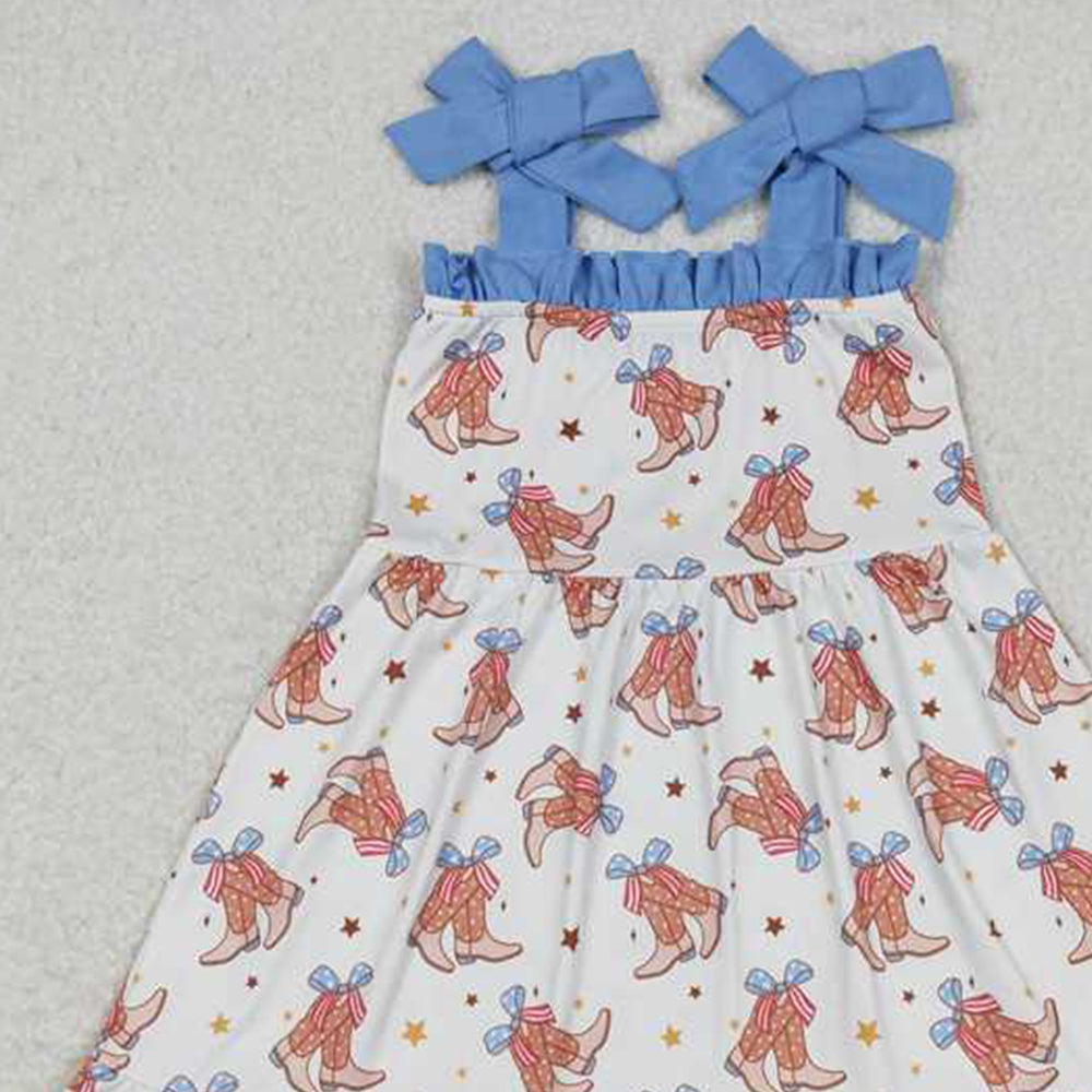 6.24   GSD1166 RTS NO MOQ Straps bow boots girls western 4th of july dresses