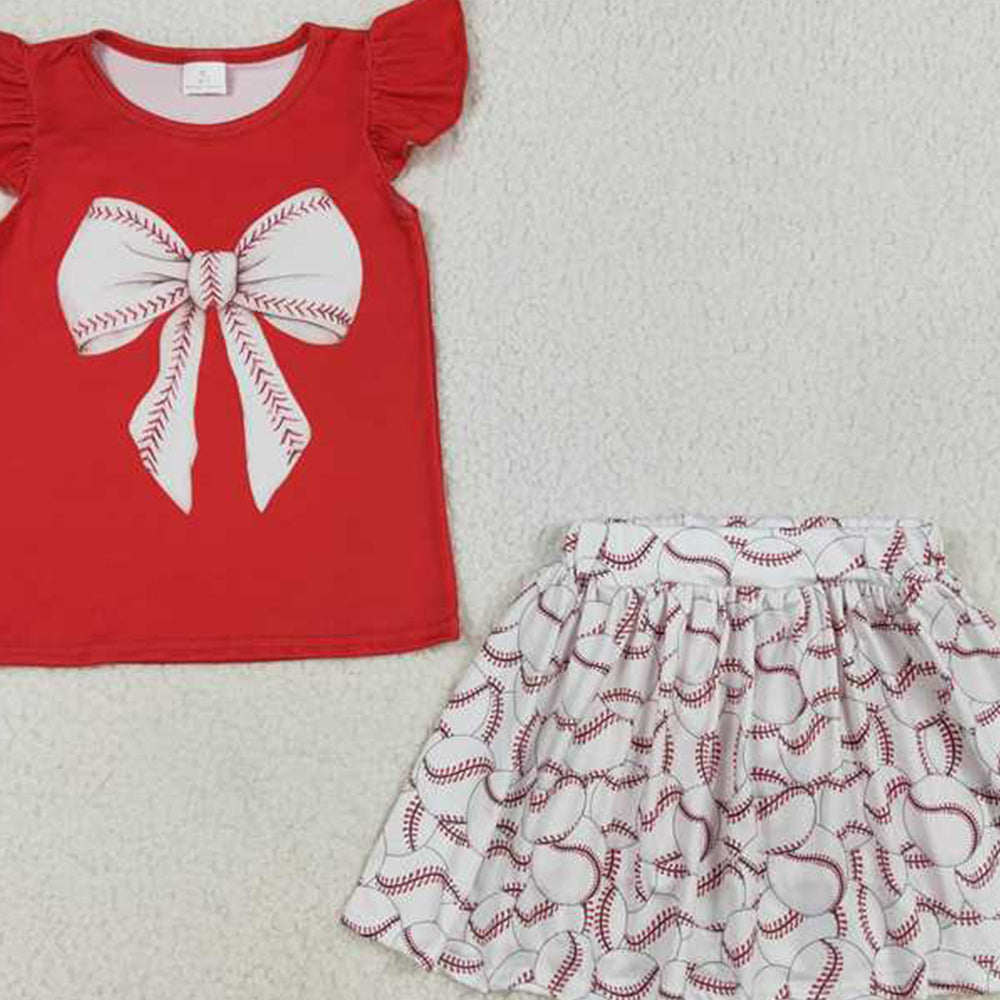 4.12 GSD1722  RTS NO MOQ Red flutter sleeves baseball bow top skirt girls clothes
