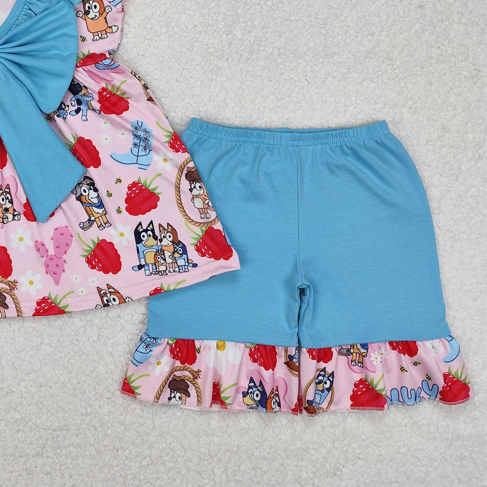 GSSO1904Girls Strawberry Dog Floral Ruffle Tunic Short Set Cute Animal Print Outfit for Kids