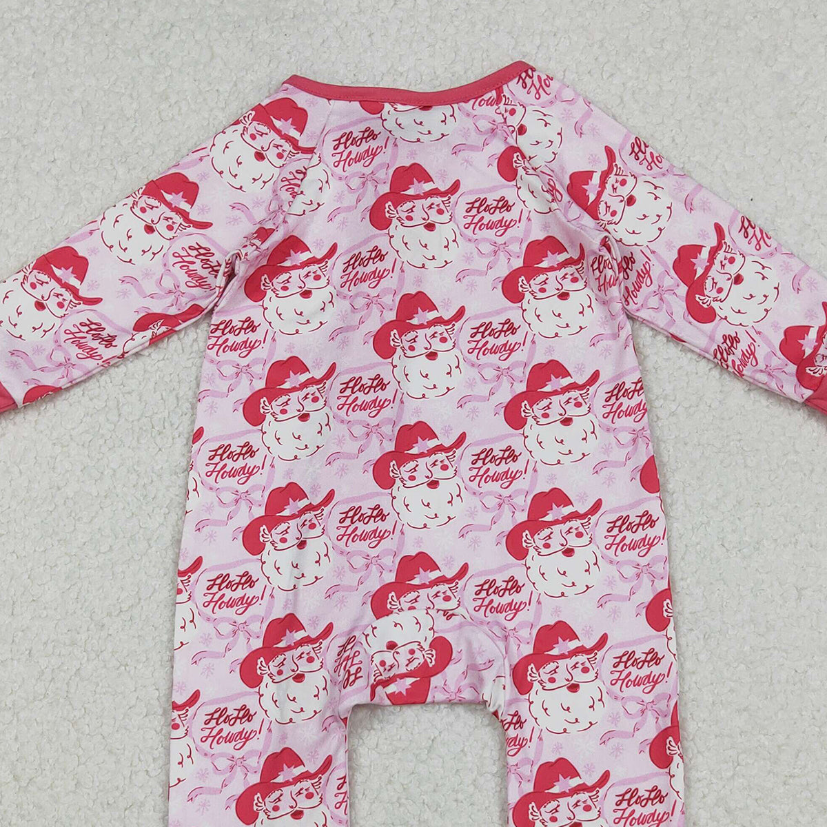 10.15 RTS NO MOQ （In stock）LR2243 Baby Girls Winter Rompers Baby Girls Pink Bows Santa Christmas Zipper Footie Rompers