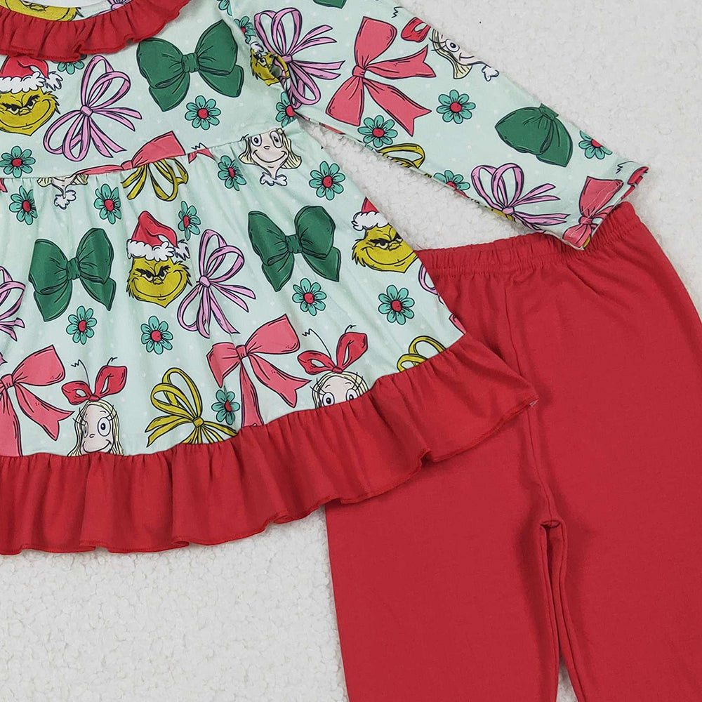 RTS NO MOQ （In stock）GLP2651 Baby Girls Winter Outfits Christmas Bows Plaid Green Faces Tunic Ruffle Pants Sets