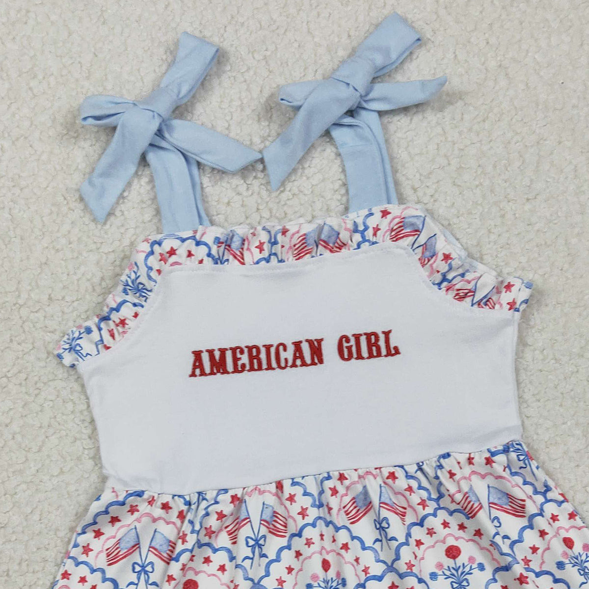 1.23 RTS NO MOQ （In stock）GSD3239 Embroidery American Girls Strap Bows Flags 4th of July Ruffle Knee Length Dress