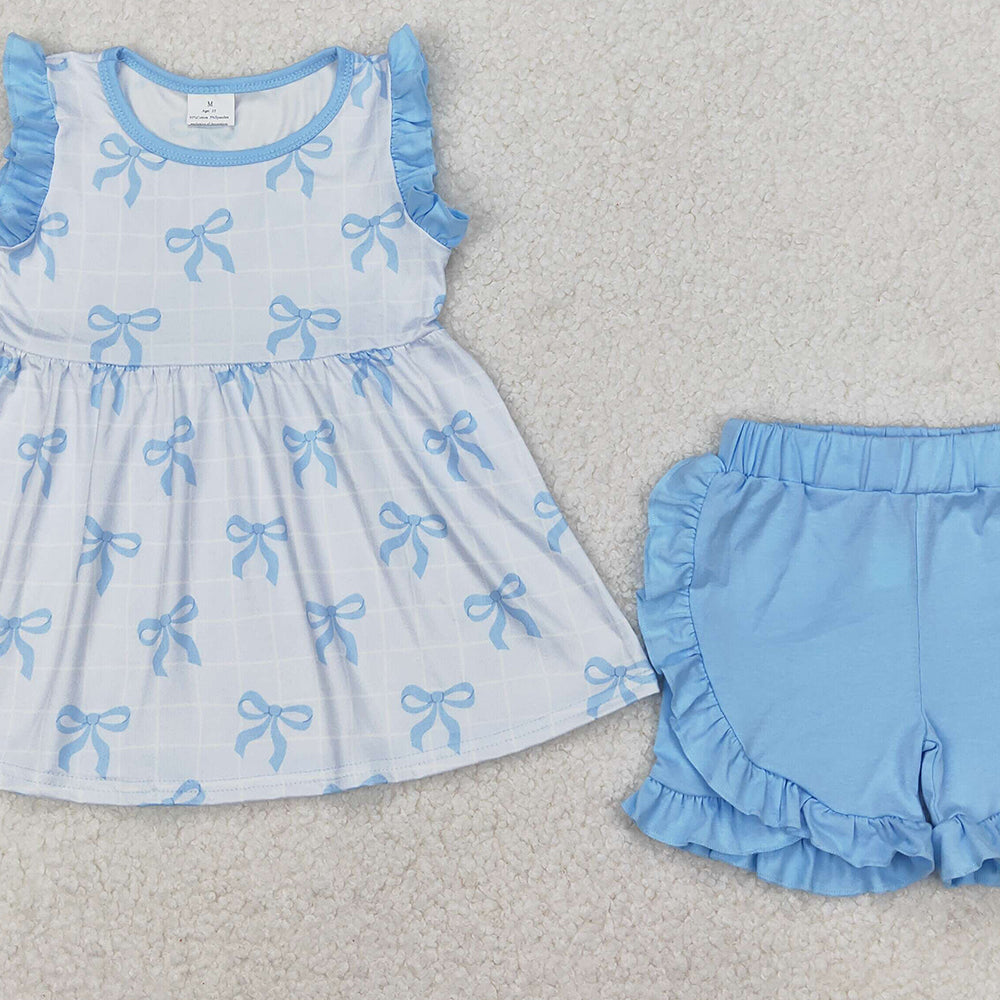 GSSO2120 New Rts No Moq 8-9 Days By Air Arrived it Light blue bow tunic ruffle shorts girls clothing set