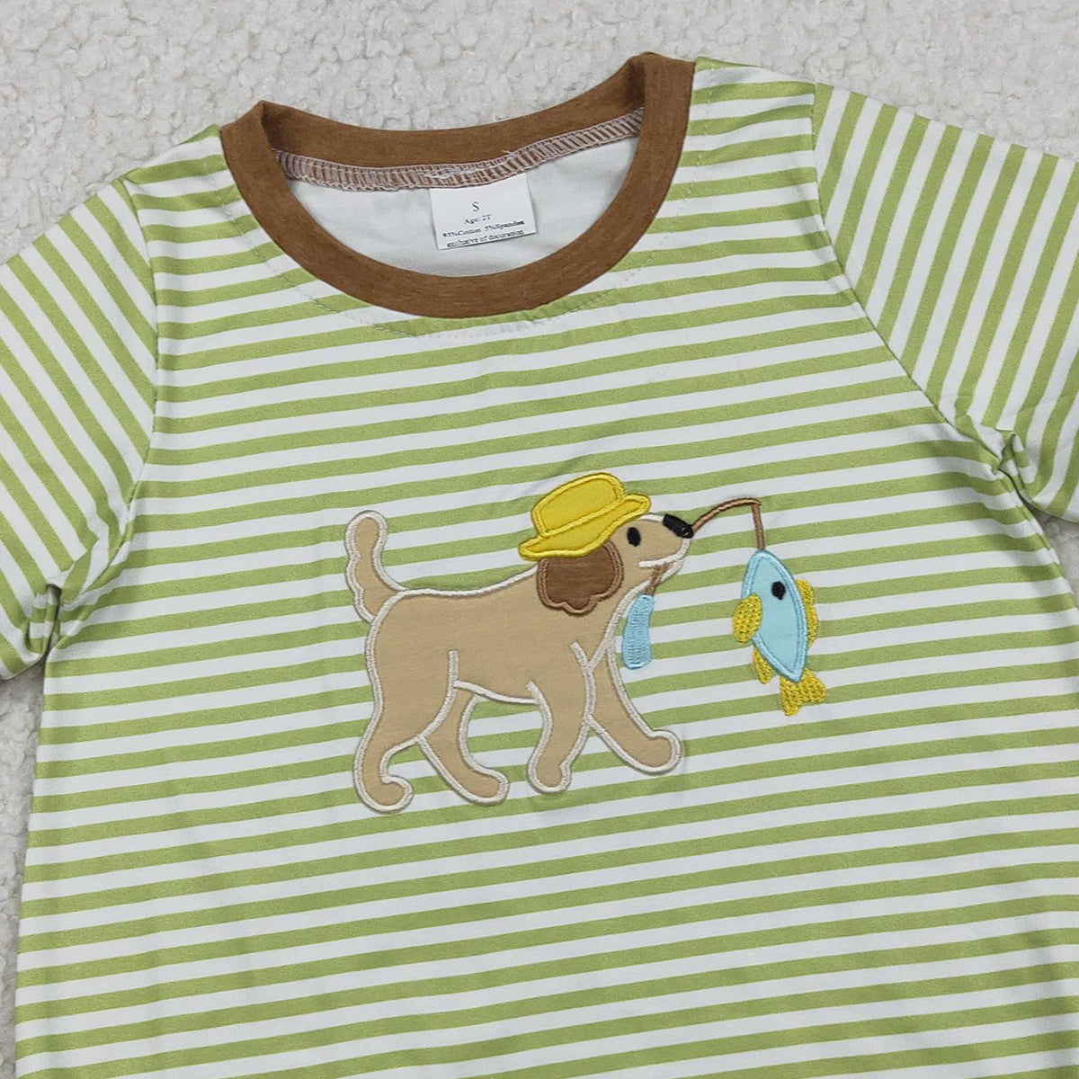 1.27 RTS NO MOQ （In stock）SR3765 Embroidery Dog Fishes Baby Boys Short Sleeve Stripe Hunting Rompers