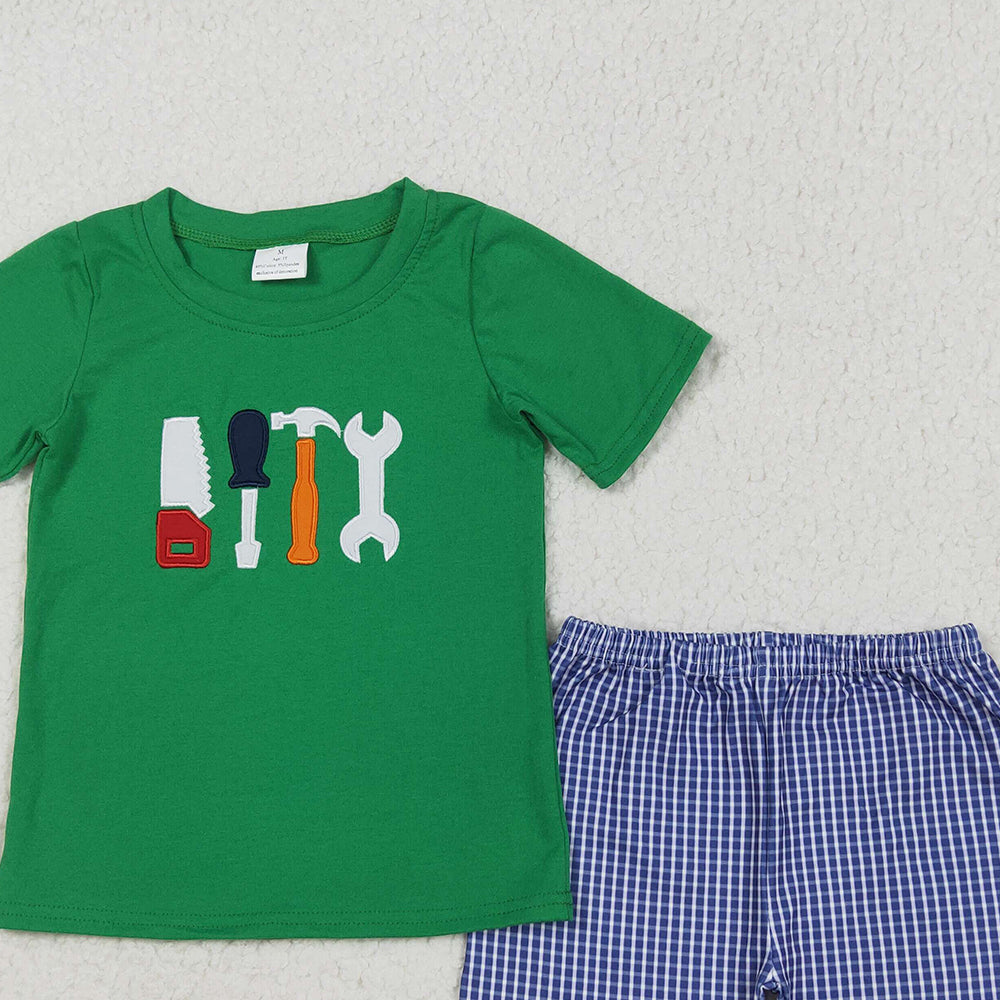 BSSO1066 RTS NO MOQ Baby Boys Summer Boys Outfits Baby Boys Green Tools Shirts Checkered Shorts Clothes Sets Preorder