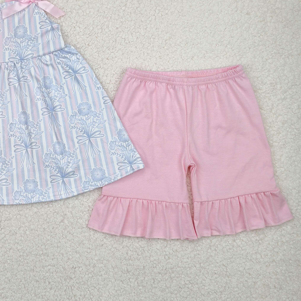 4.08 GSSO2429 RTS NO MOQ   Baby Girls Summer Outfits Pink Strap Floral Stripe Tunic Ruffle Short Set
