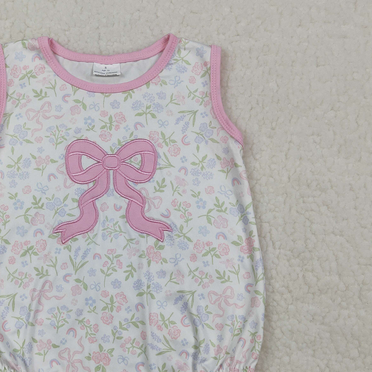 3.30 RTS NO MOQ （In stock）SR3727 Sleeveless pink bow embroidery floral baby girl romper