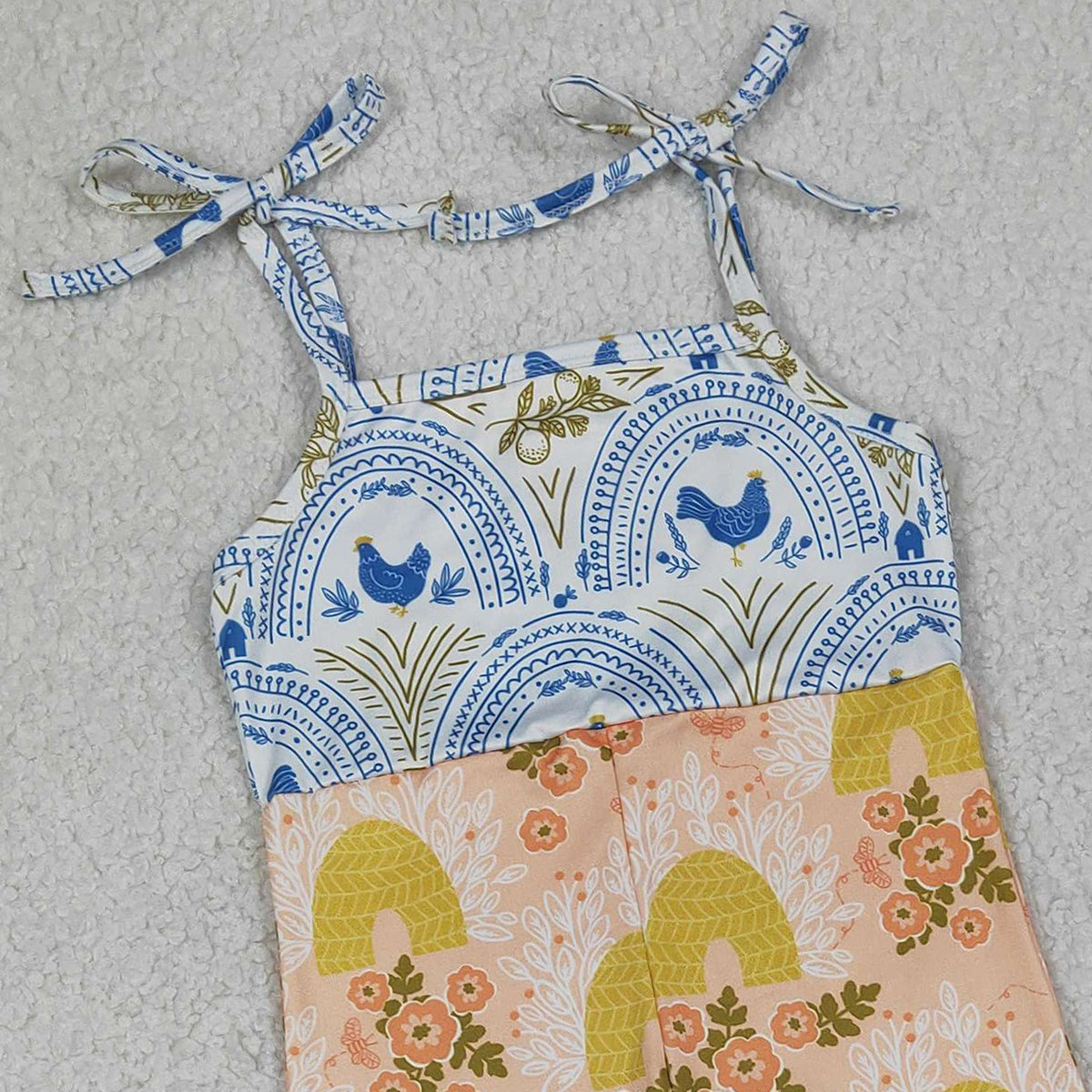 1.20 RTS NO MOQ （In stock）SR3582 Baby Girls Strap Farm Chicks Flowers Patchwork Bell Bottom Jumpsuits