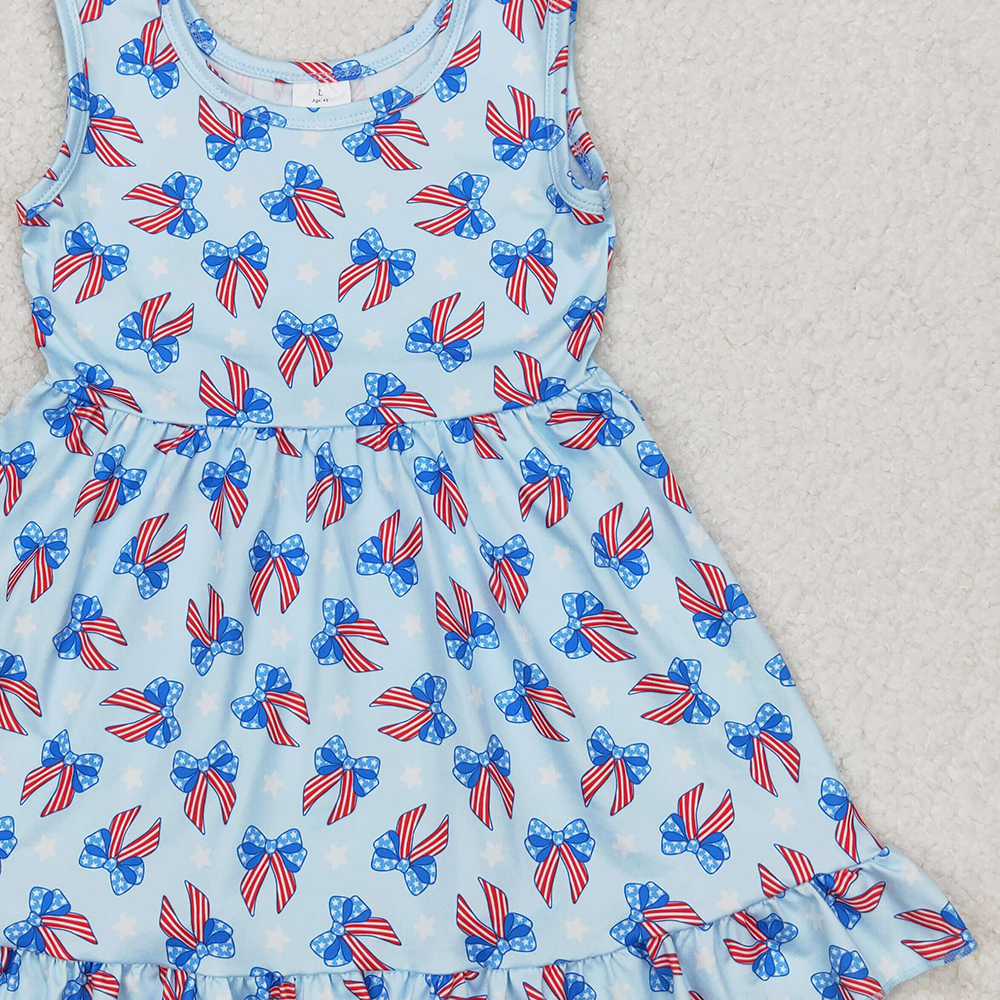 GSD1965 New Rts No Moq 8-9 Days By Air Arrived it Sleeveless blue stars stripe bows baby girls 4th of july dress