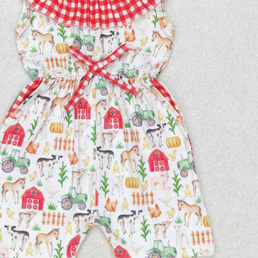 4.22 SR1301 RTS NO MOQ Plaid pig horse chicken pockets baby girls farm jumpsuit