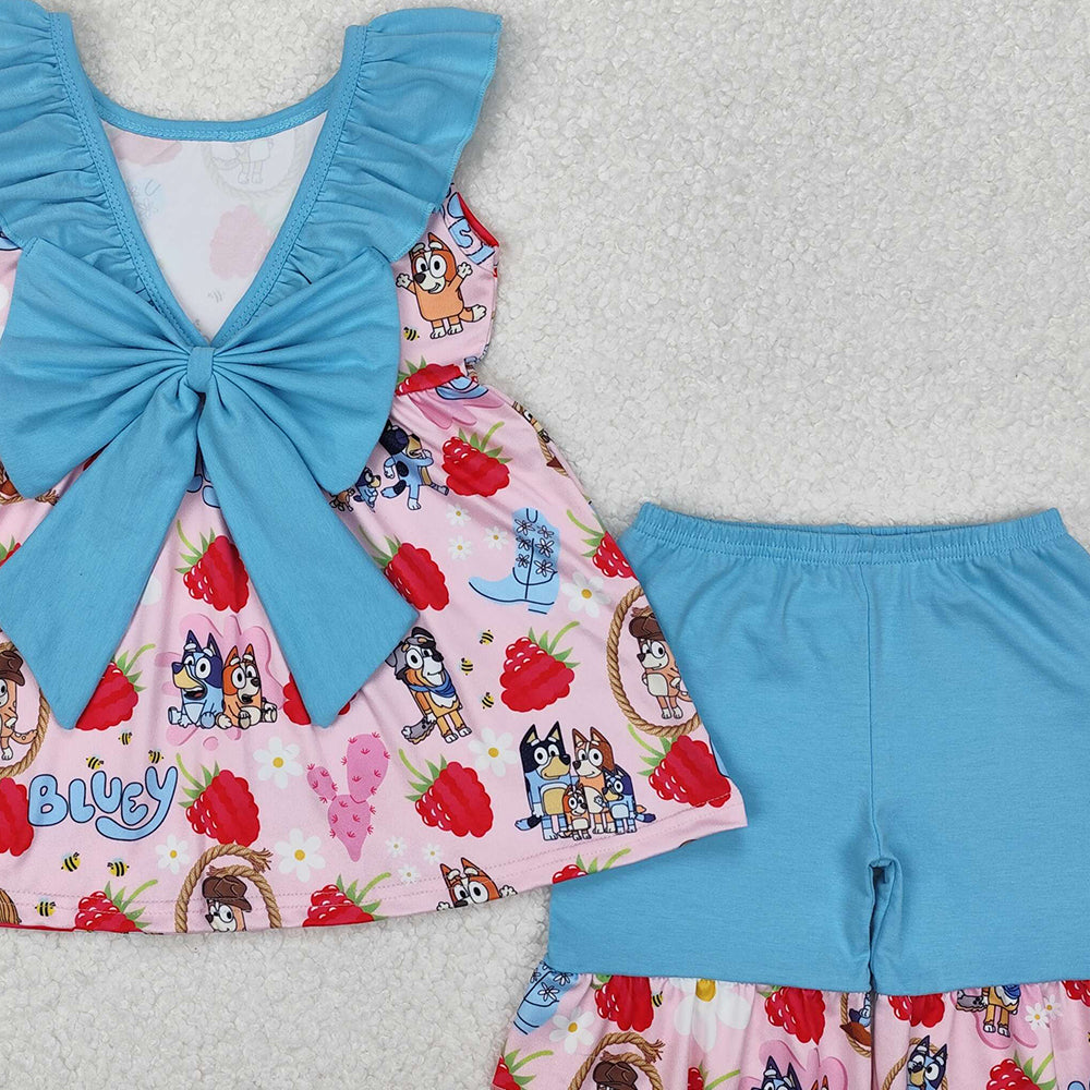 GSSO1904Girls Strawberry Dog Floral Ruffle Tunic Short Set Cute Animal Print Outfit for Kids