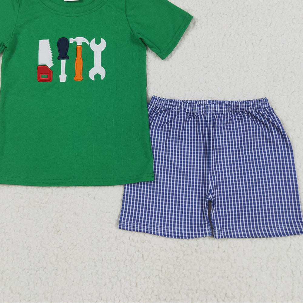 BSSO1066 RTS NO MOQ Baby Boys Summer Boys Outfits Baby Boys Green Tools Shirts Checkered Shorts Clothes Sets Preorder