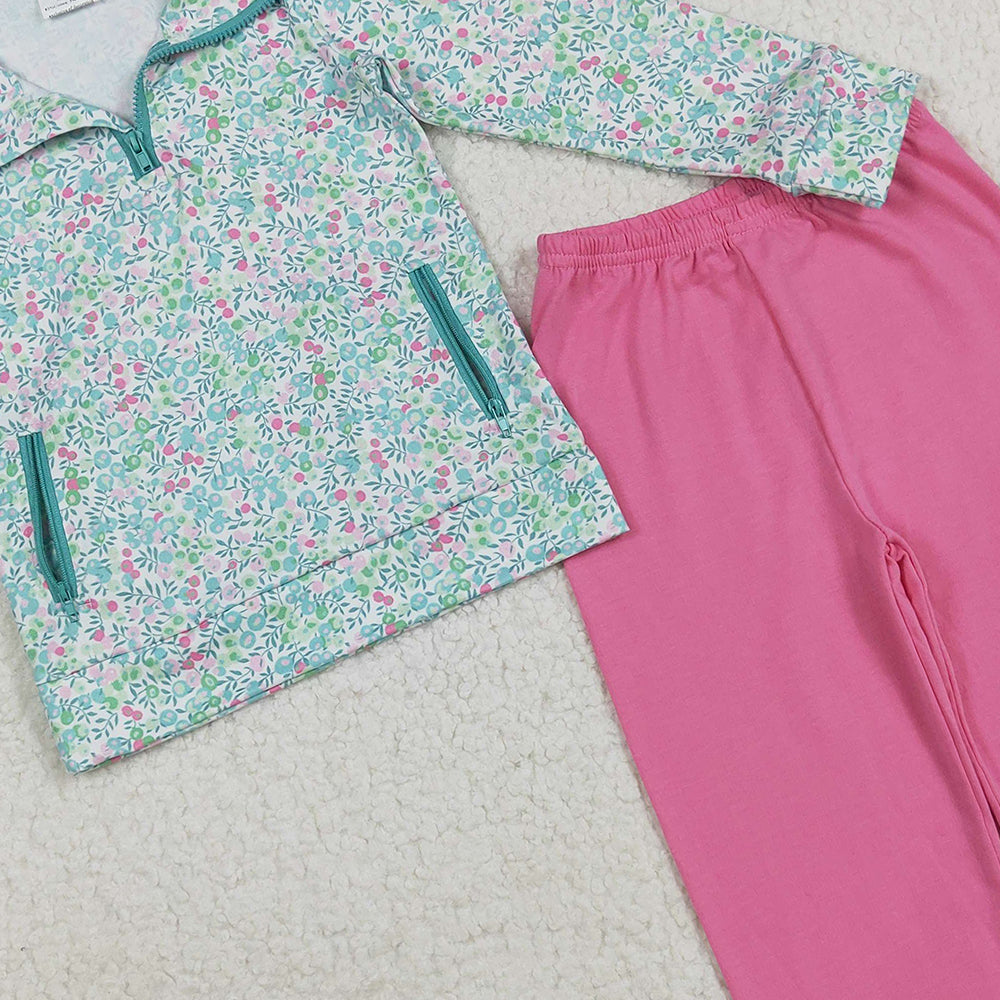 RTS NO MOQ （In stock）GLP2414 Baby Girls Winter Outfits Baby Girls Long Sleeves Green Floral Pockets Zipper Top Pink Pants Sets