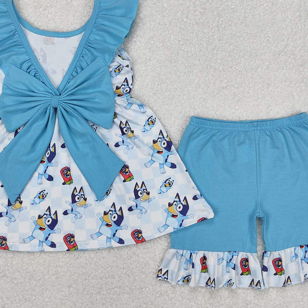 GSSO1886Blue Plaid Dog Tunic Sleeveless Ruffle Shorts Set Girls Outfit Casual Clothing Set for Kids