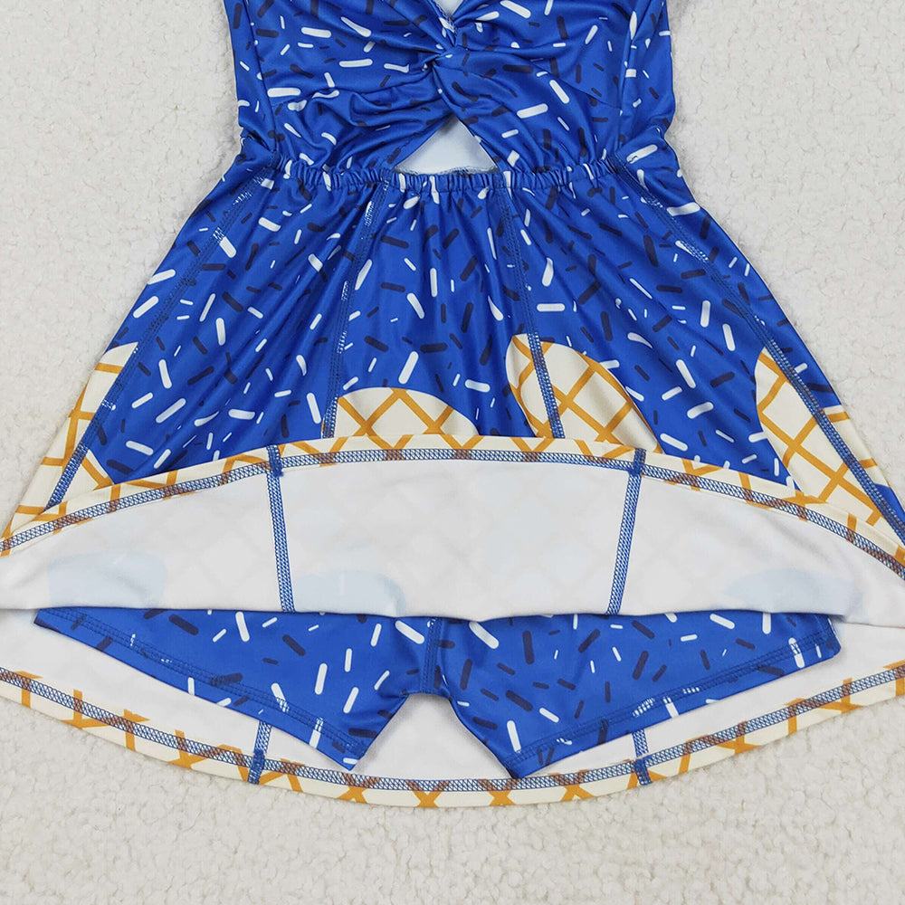 RTS NO MOQ （In stock）GSD2751 Baby Girls Summer Yoga Dress Baby Girls Royal Blue Drip Sprinkles Team Yoga Active Knee Length Dresses