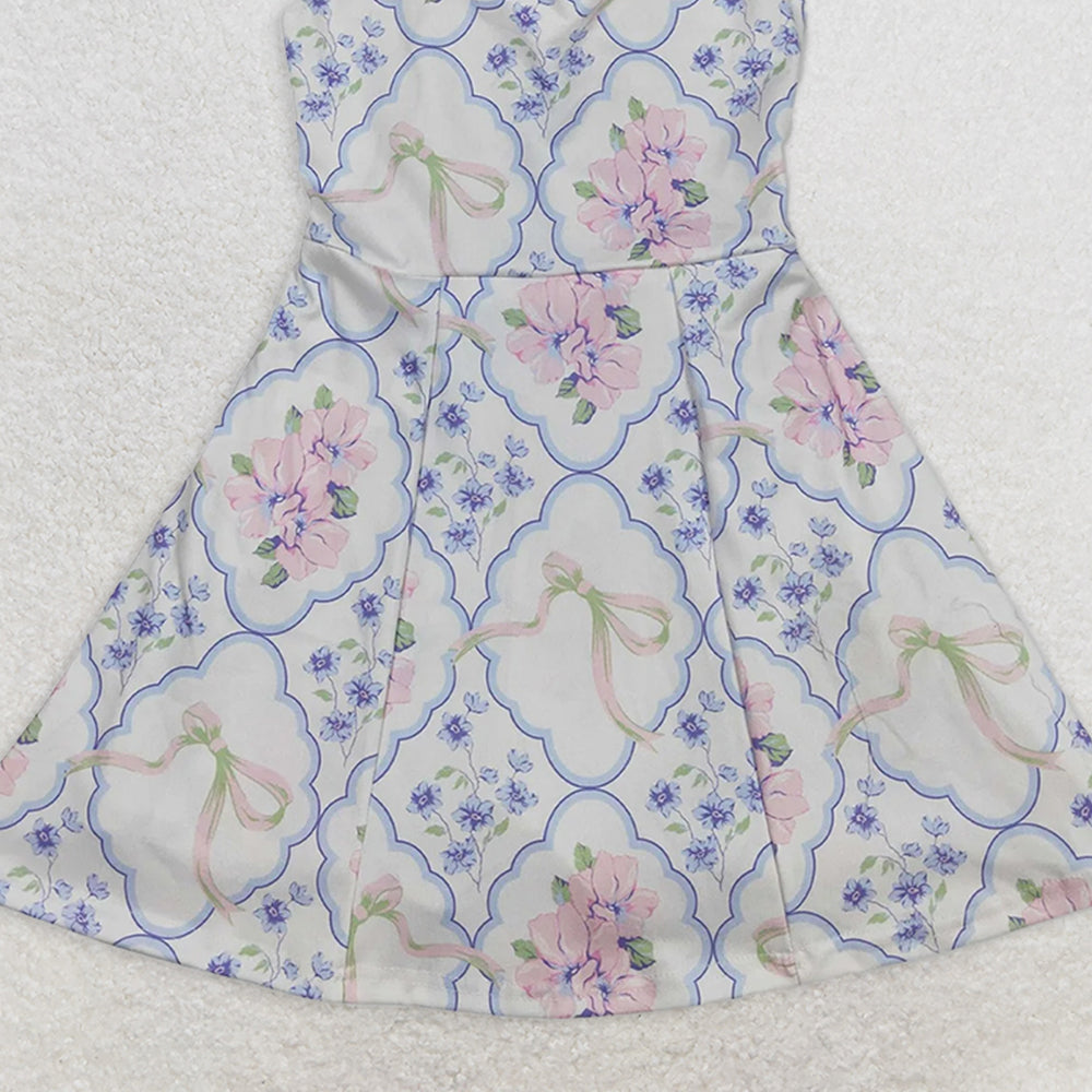 GSD1864RTS NO MOQ Baby Girls Summer Yoga Dress Charming Sleeveless Athletic Dresses for Baby Girls in Light Blue Pink Floral with Bow