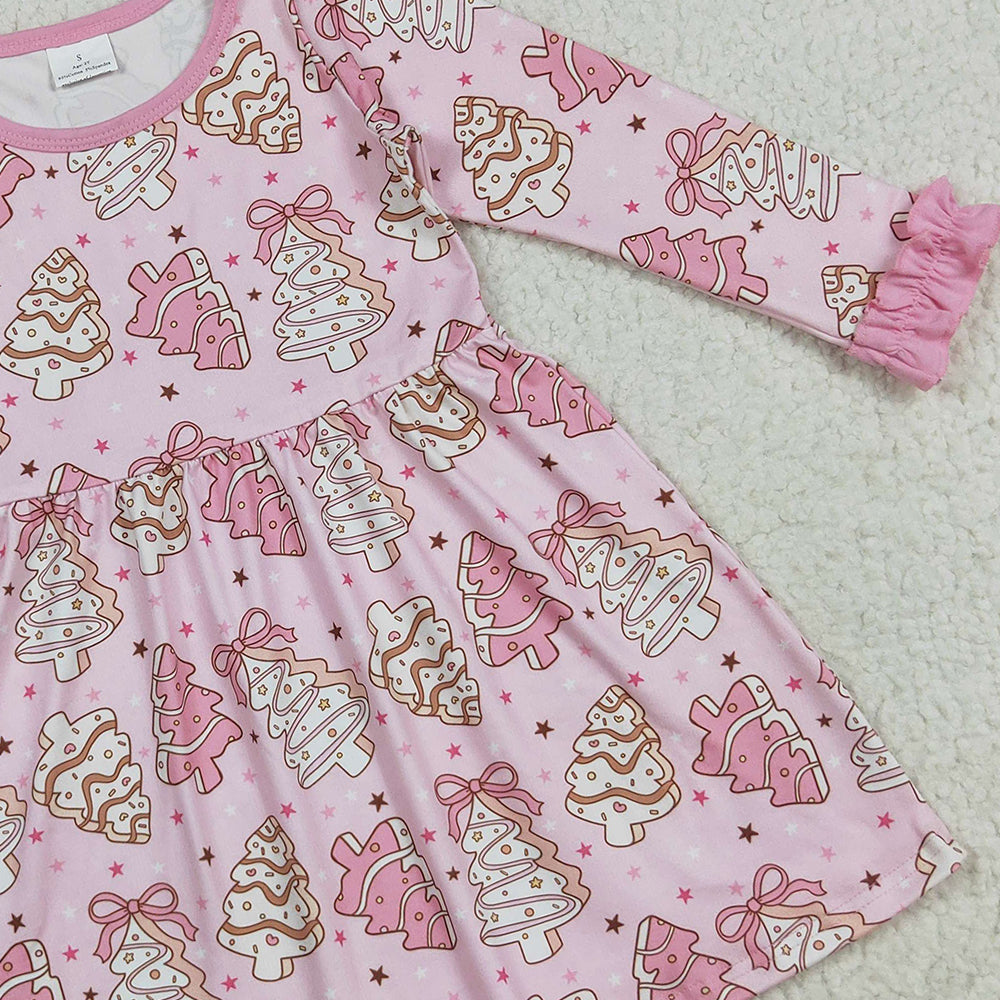 RTS NO MOQ （In stock）GLD1124Baby Girls Winter Dress Baby Girls Christmas Tree Cake Pink Long Sleeve Dress