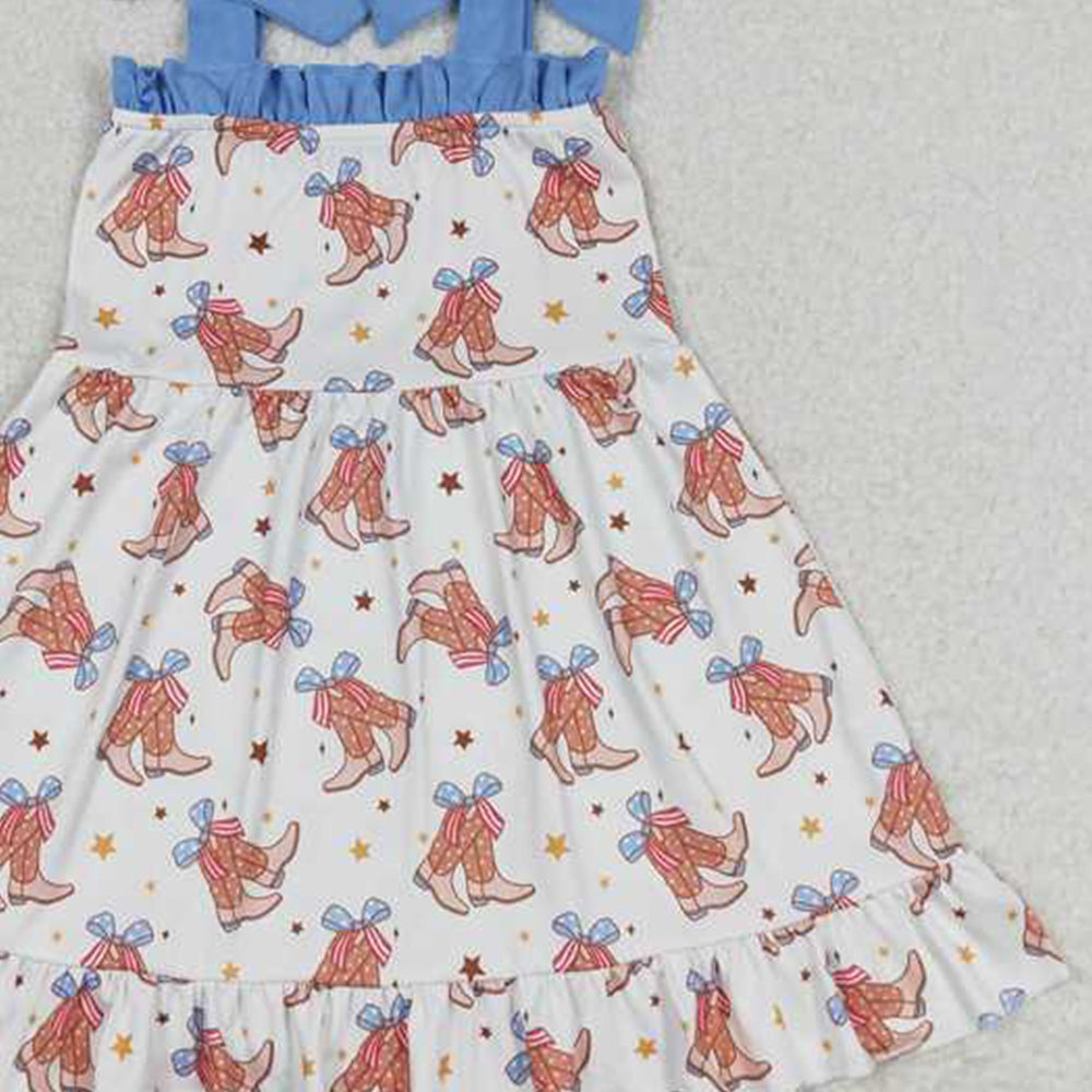 6.24   GSD1166 RTS NO MOQ Straps bow boots girls western 4th of july dresses