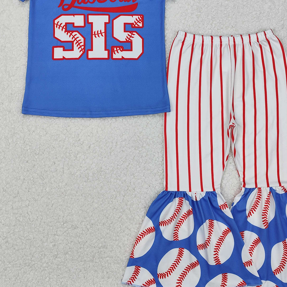 GSPO1994RTS NO MOQ Baby Girls Spring Outfits  Arrived it Blue baseball sister top stripe pants kids girls clothes