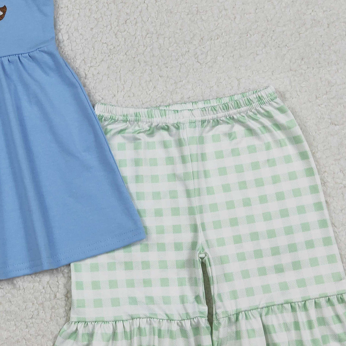 12.30 RTS NO MOQ （In stock）GSSO2728 Embroidery Ducks Baby Girls Flutter Sleeve Tunic Checked Ruffle Shorts Clothes Sets