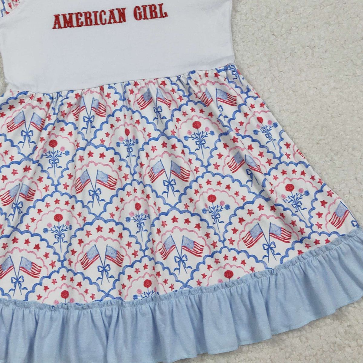 1.23 RTS NO MOQ （In stock）GSD3239 Embroidery American Girls Strap Bows Flags 4th of July Ruffle Knee Length Dress