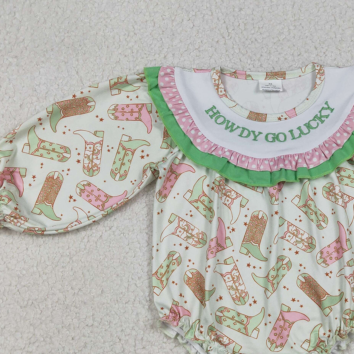 12.23 RTS NO MOQ （In stock）LR2840 Baby Girls Winter Rompers Embroidery Howdy Go Lucky Baby Girls Boots Stars Western Ruffle Rompers